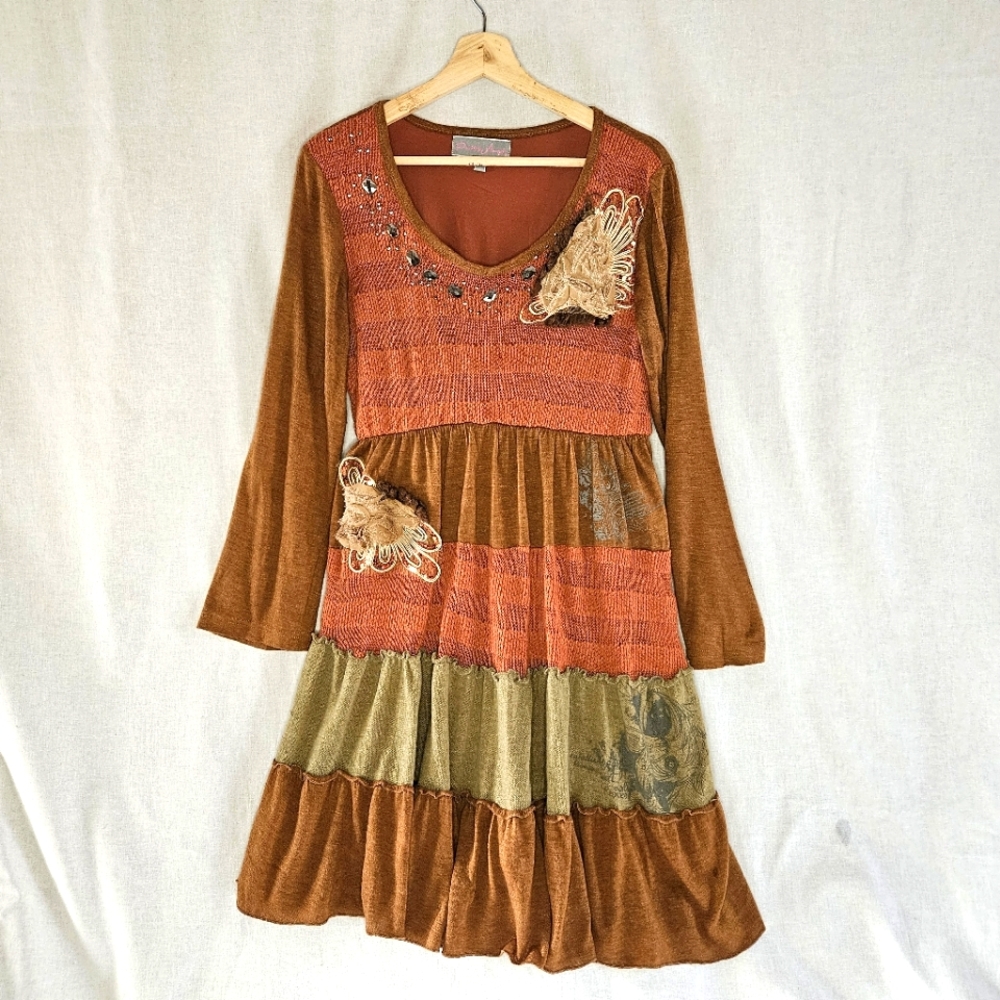 Pretty Angel tiered dress brown orange green empire waist with sequins size L